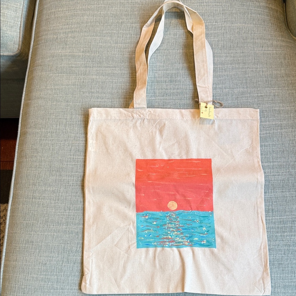 SAM Handmade Canvas Tote with Orange sunset design.